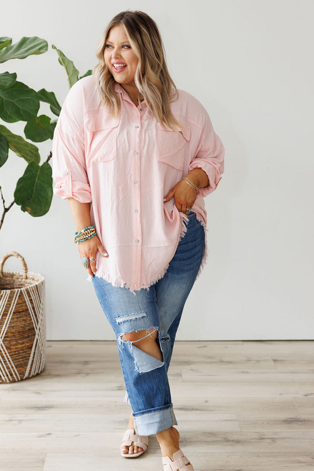 Pink Flap Pocket Tab Sleeve Button-Down Plus Size Shirt Plus Size JT's Designer Fashion