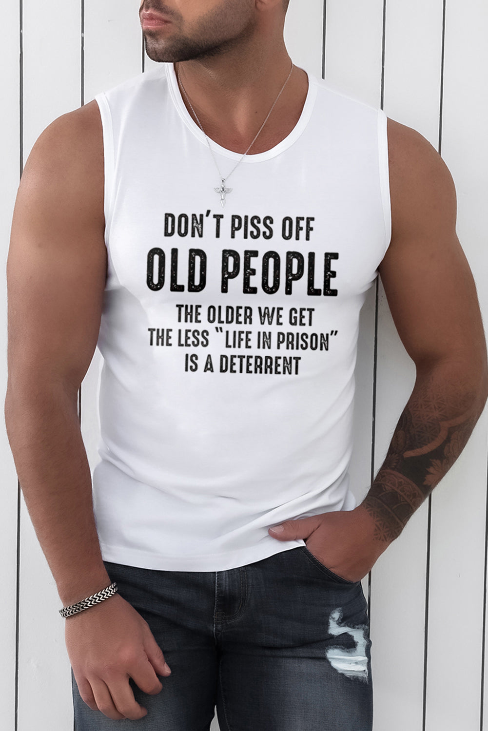 White OLD PEOPLE Letter Print Muscle Fit Men's Tank Top White 62%Polyester+32%Cotton+6%Elastane Men's Tops JT's Designer Fashion