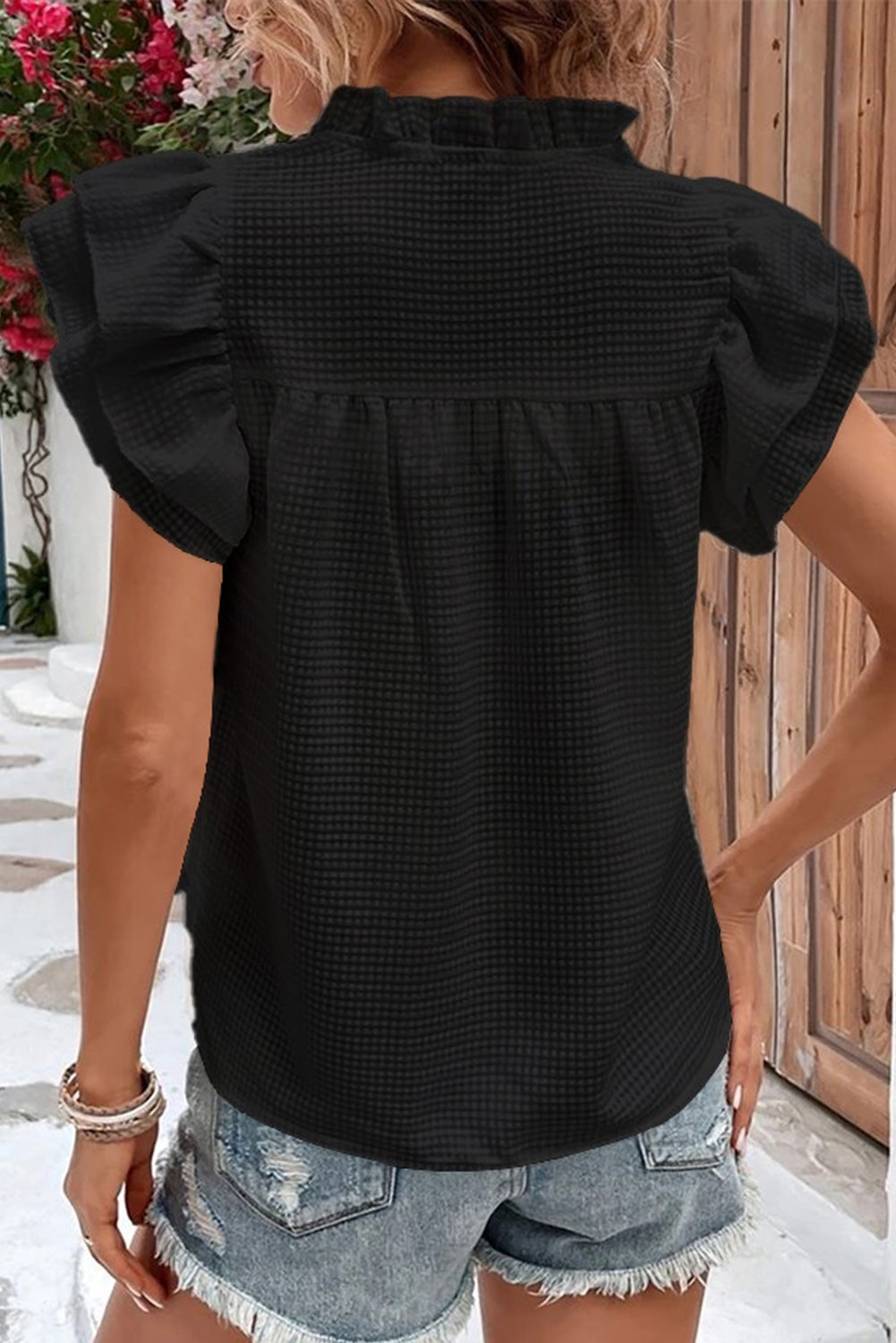 Black White Ruffle Accent Flutter Sleeve Notch Neck Top Tops & Tees JT's Designer Fashion