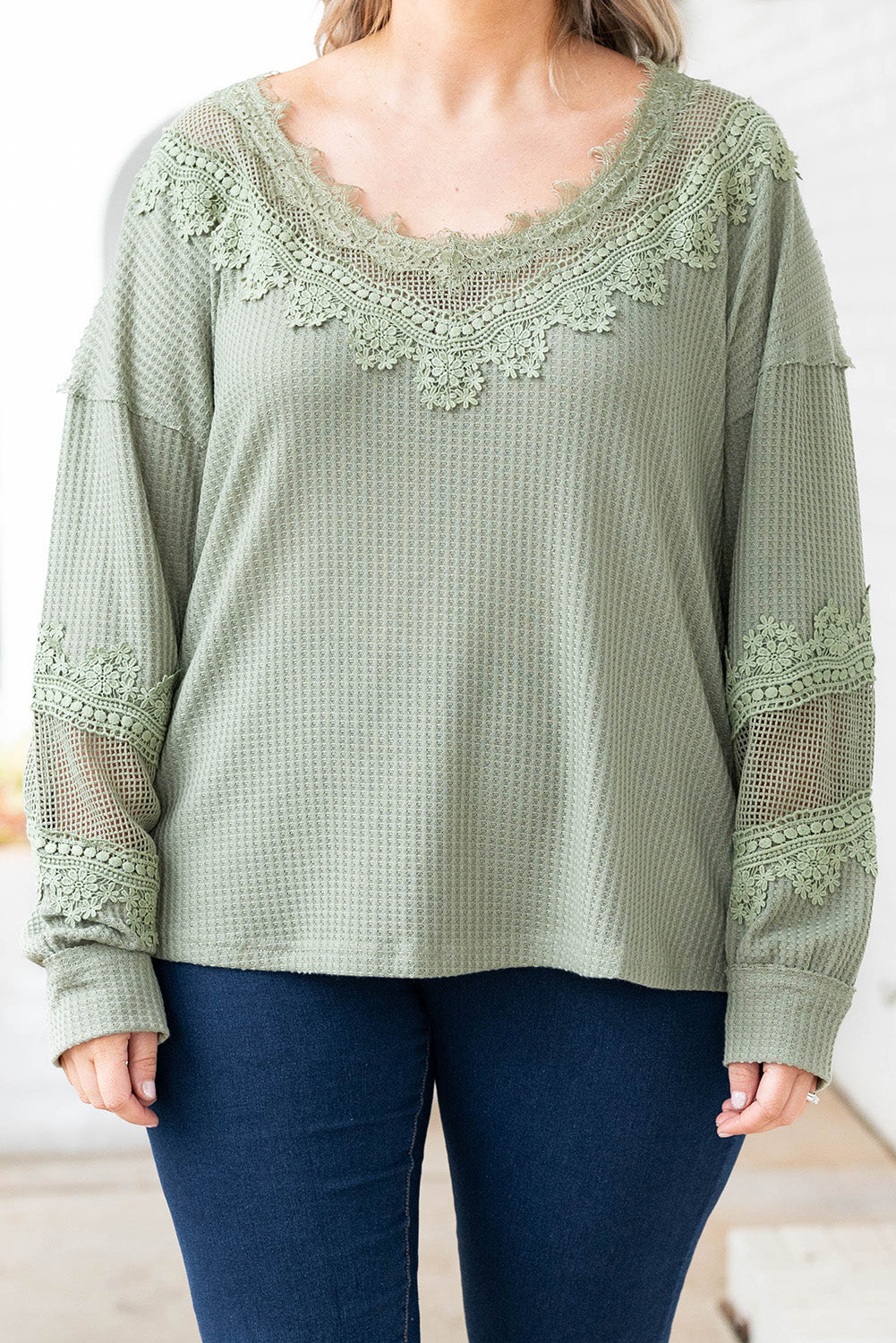 Green Waffled Lace Long Sleeve Plus Size Top Plus Size JT's Designer Fashion