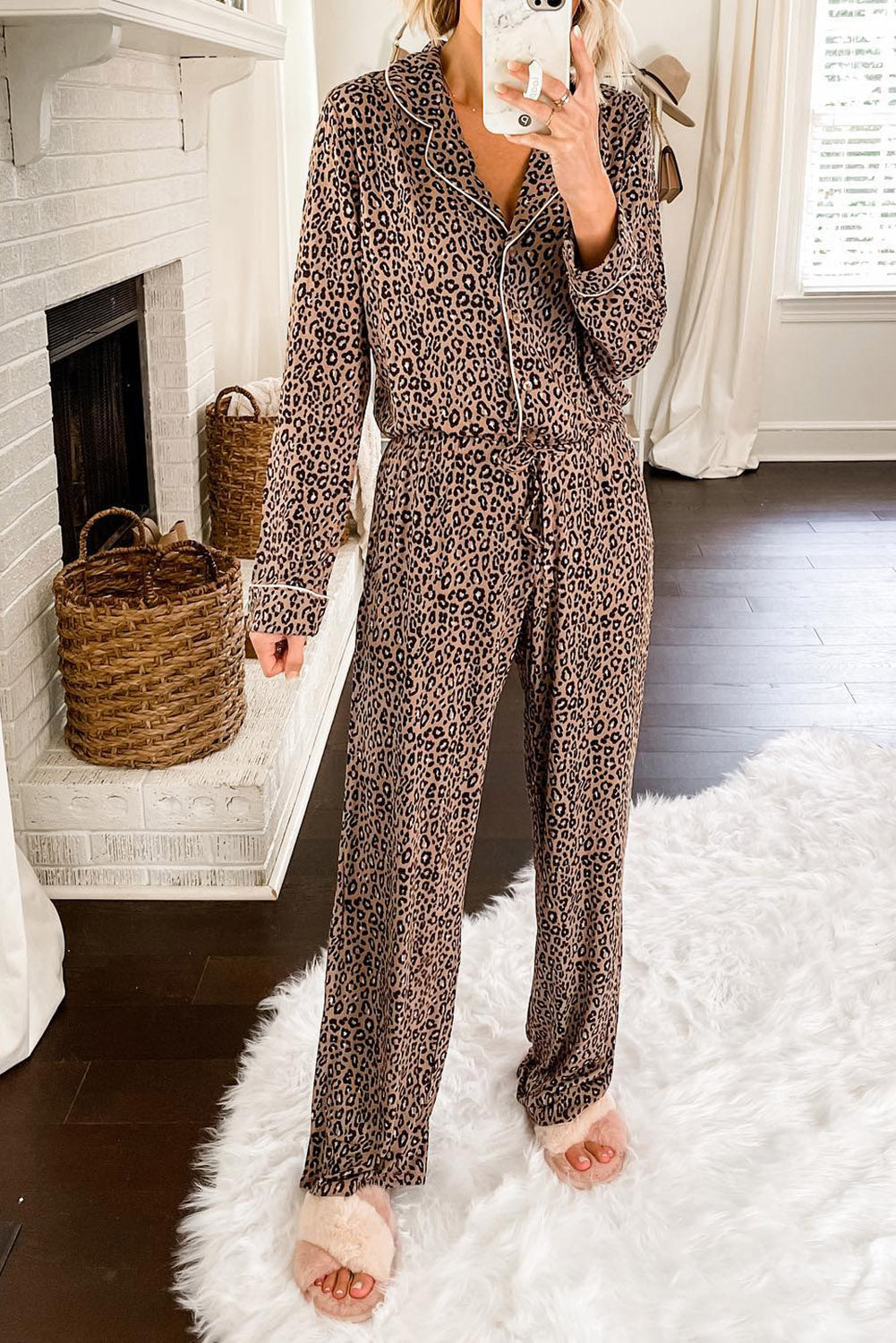 Leopard Animal Print Long Sleeve Lapel Neck Shirt and Pants Lounge Set Loungewear JT's Designer Fashion