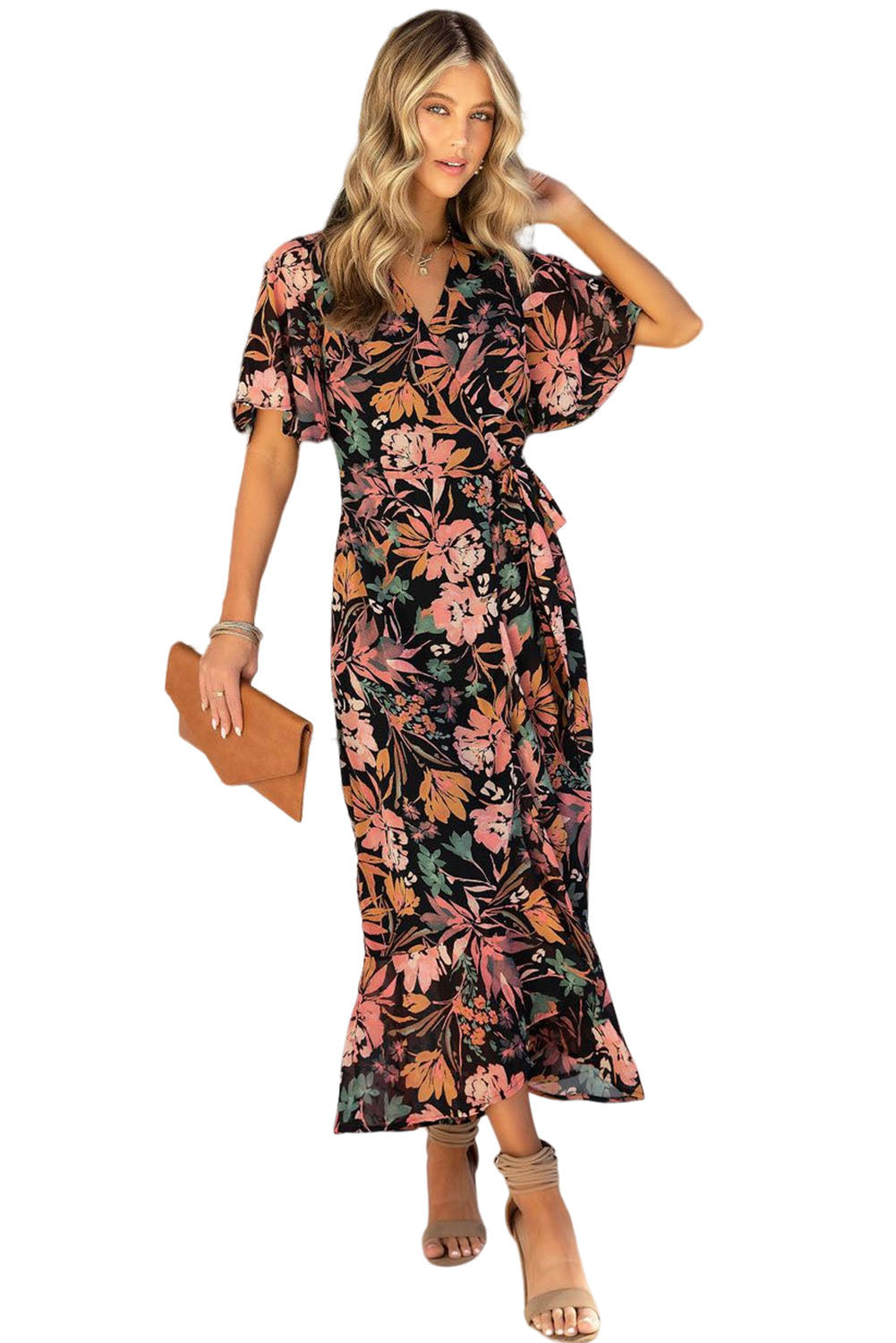 Black Floral Print Knotted Wrapped V Neck Maxi Dress Floral Dresses JT's Designer Fashion