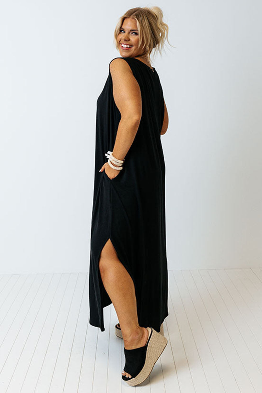 Black Plus Size Wide Sleeveless Shoulder Straps Maxi Dress Plus Size Dresses JT's Designer Fashion