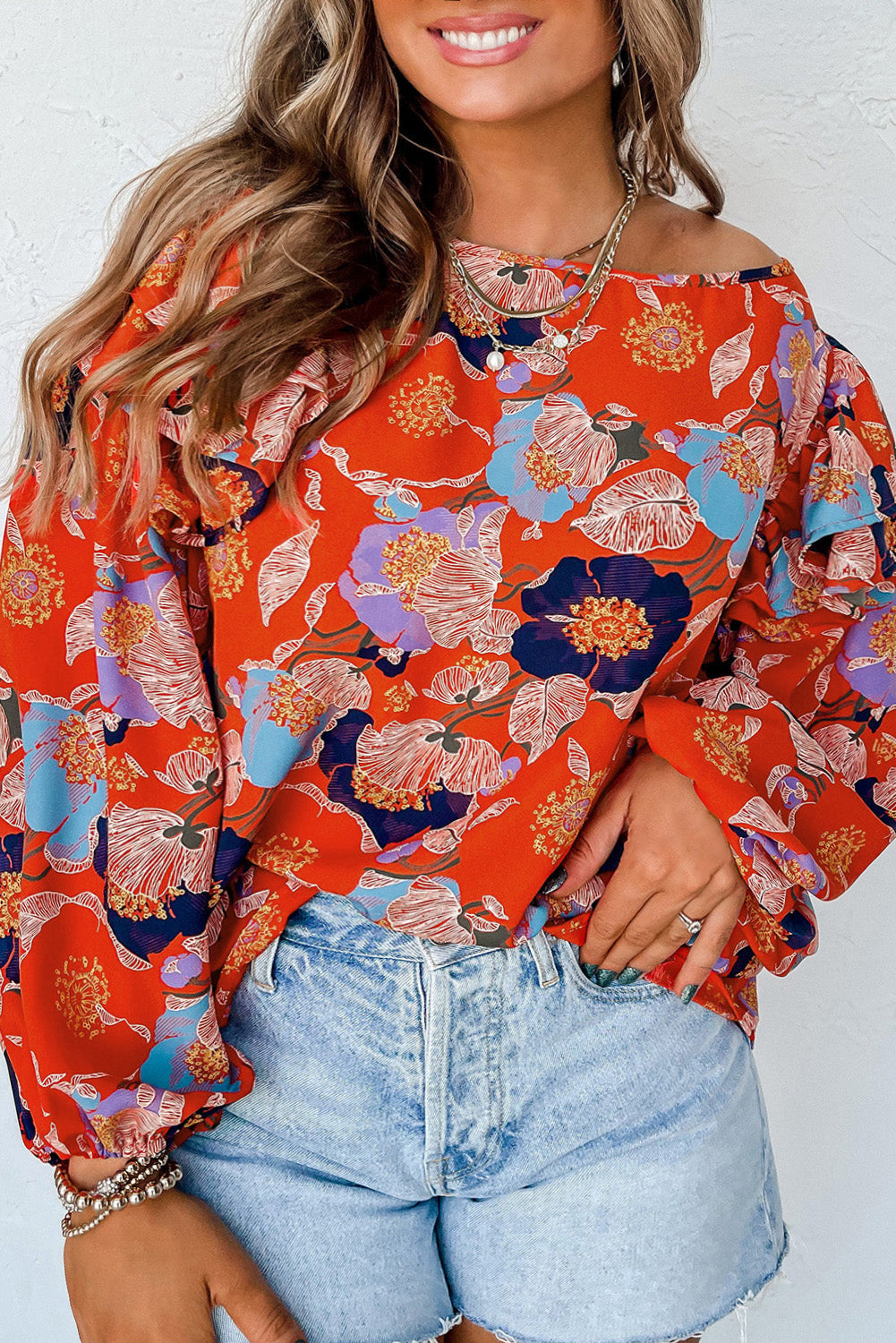 Orange Printed Boat Neck Ruffle Puff Sleeve Plus Size Floral Blouse Plus Size JT's Designer Fashion