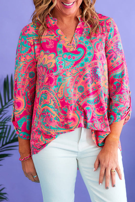 Rose Paisley Print Split Neck Roll Tab Sleeve Plus Blouse Plus Size JT's Designer Fashion