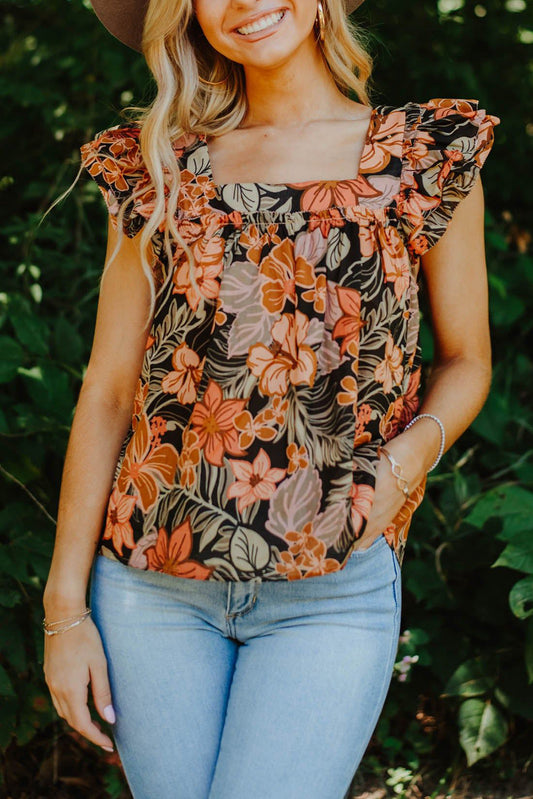 Brown Floral Flutter Sleeves Square Neck Blouse Blouses & Shirts JT's Designer Fashion