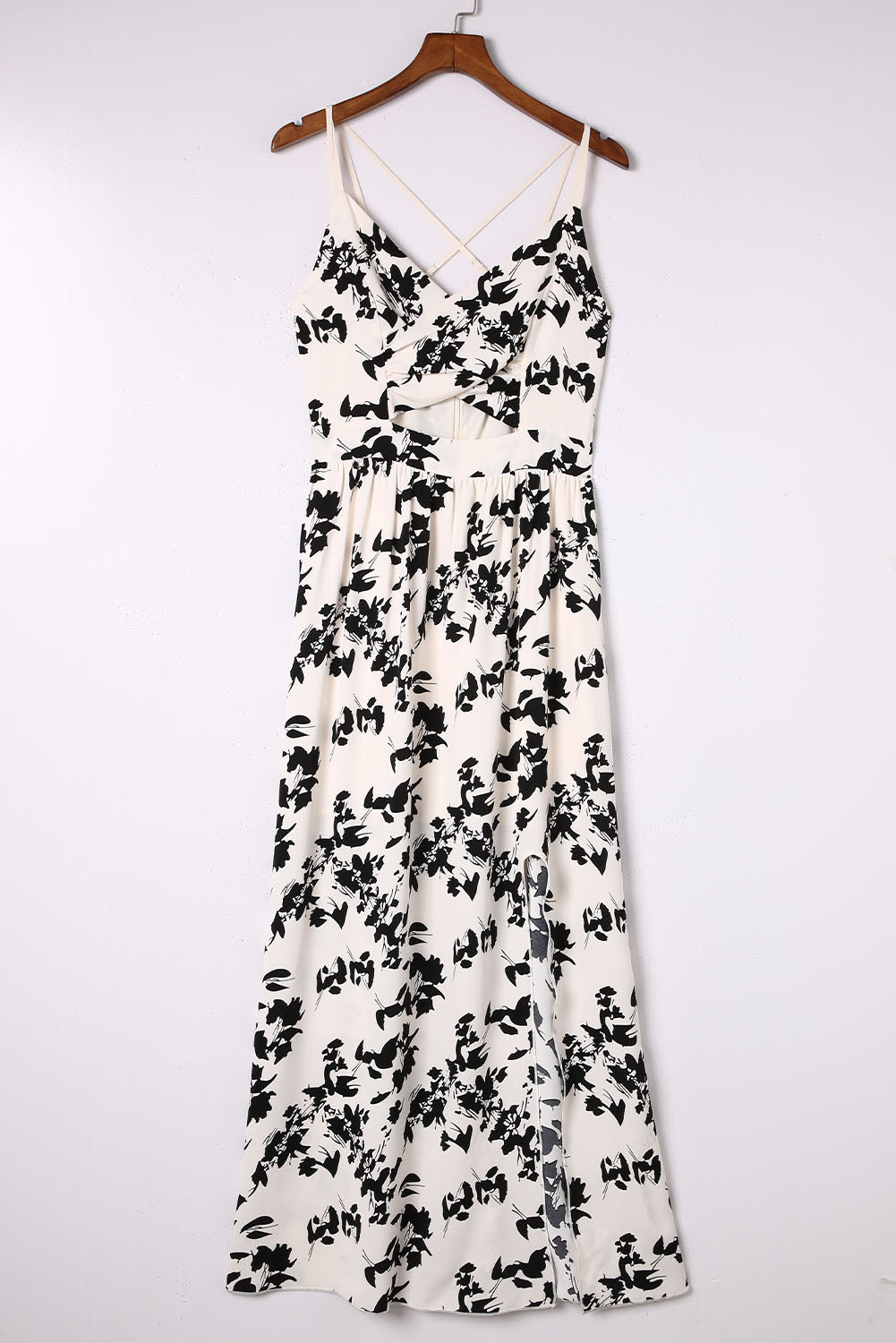 Beige Crossover Hollow-out Maxi Floral Dress with Slit Floral Dresses JT's Designer Fashion