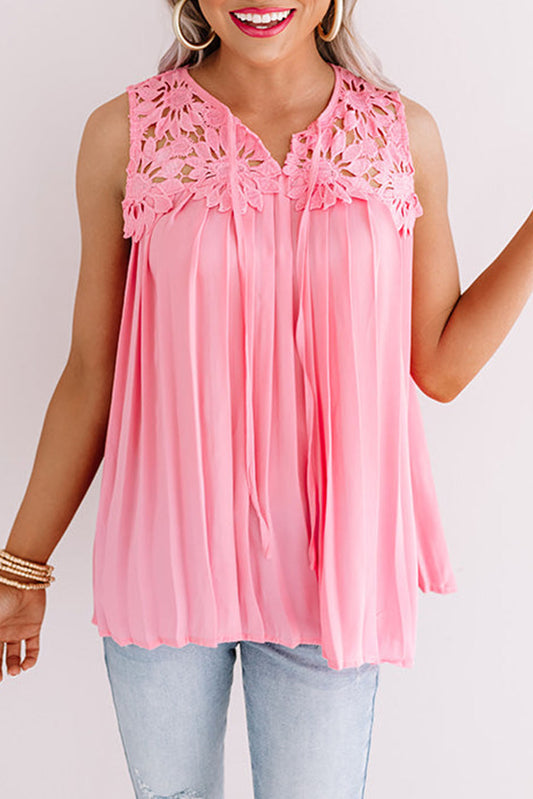 Pink Floral Lace Splicing Drawstring Pleated Tank Top Tops & Tees JT's Designer Fashion