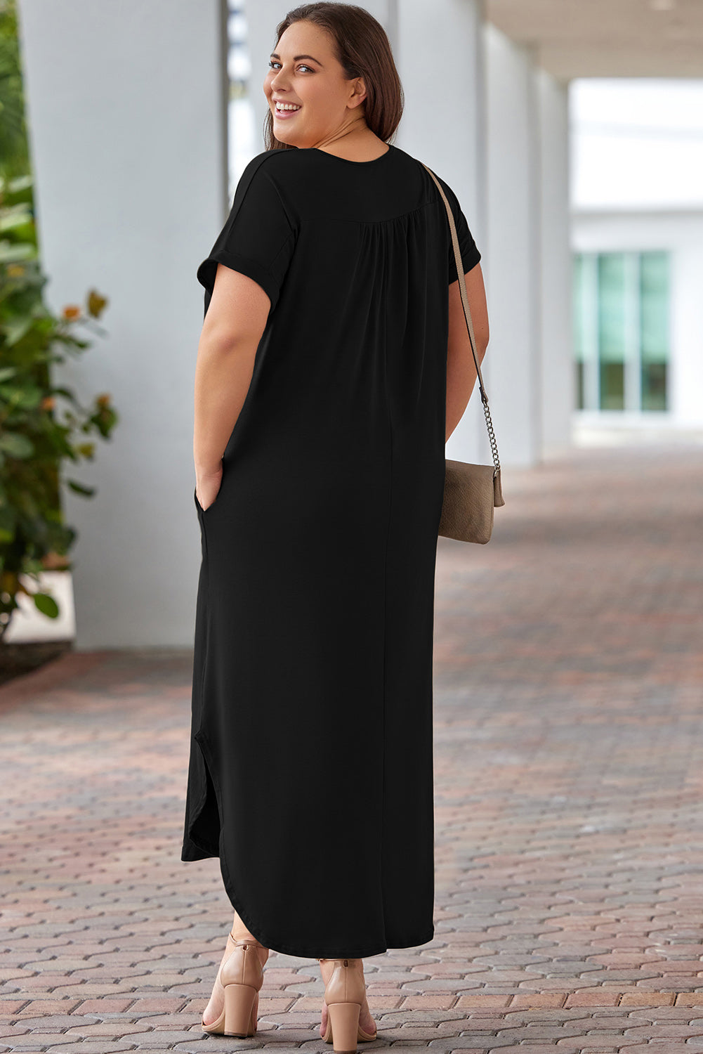 Black Plus Size V Neck Rolled Cuffs Maxi Dress Plus Size Dresses JT's Designer Fashion