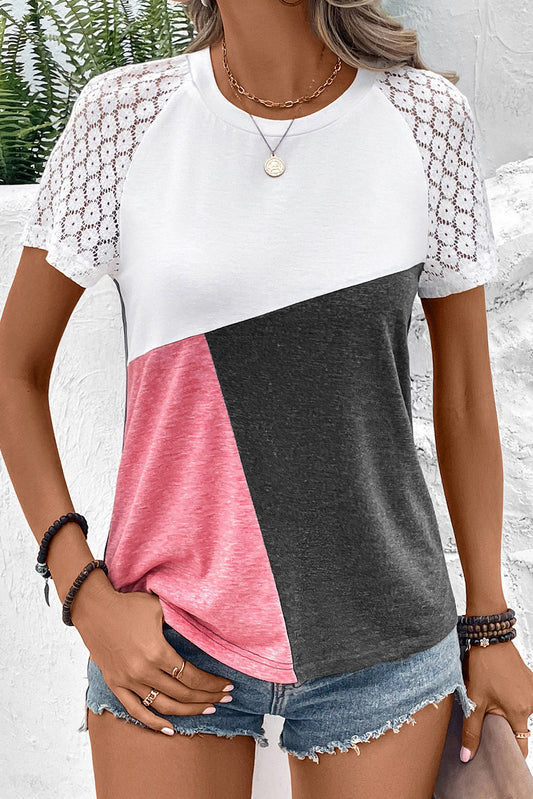 Multicolor Color Block Lace Patchwork Short Sleeve T Shirt Tops & Tees JT's Designer Fashion