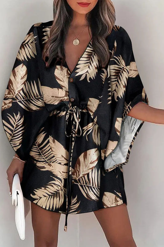 Black Geometric Print Button Drawstring Batwing Sleeve Dress Mini Dresses JT's Designer Fashion