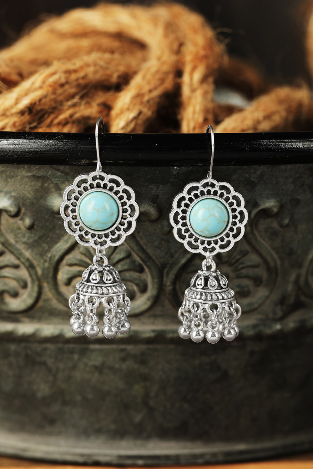 Silver Western Turquoise Hollow Out Dangle Earrings Jewelry JT's Designer Fashion