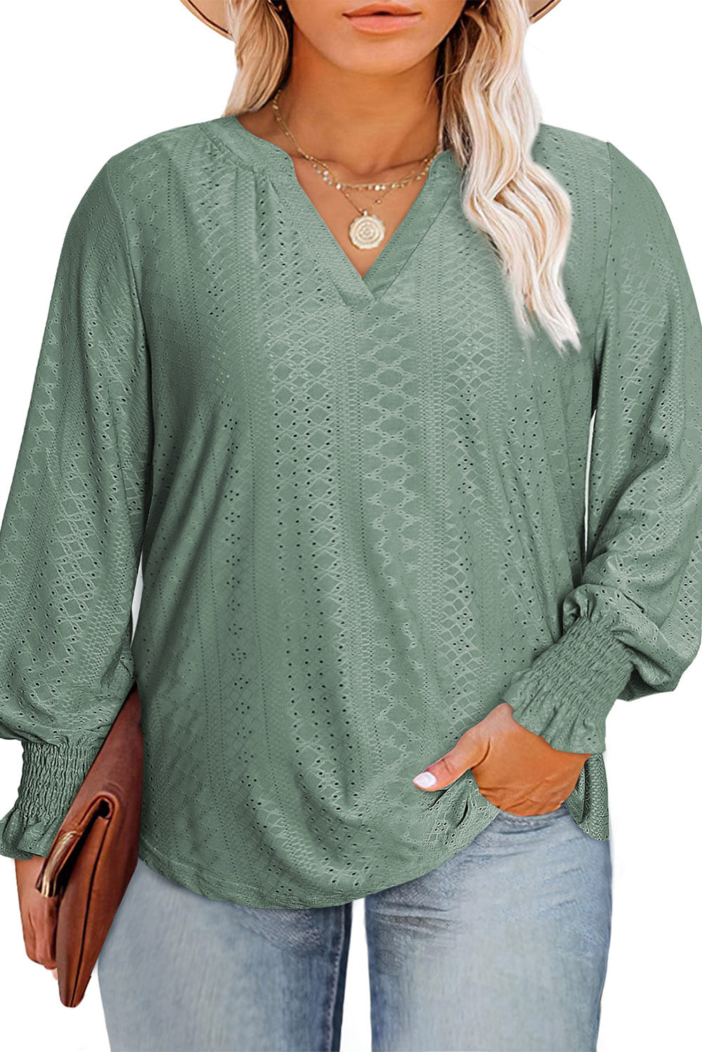 Green Eyelet Embroidered Split Neck Flounce Sleeve Curvy Top Plus Size JT's Designer Fashion