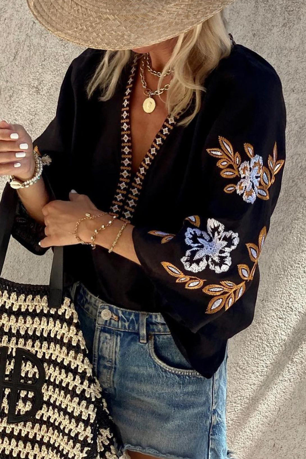 Black Floral Embroidered Bohemian V Neck Blouse Tops & Tees JT's Designer Fashion