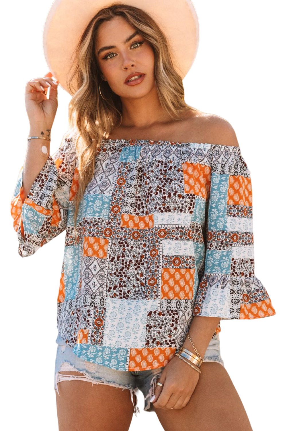 Brown Boho Mixed Floral Print Flutter Sleeve Off Shoulder Blouse Blouses & Shirts JT's Designer Fashion