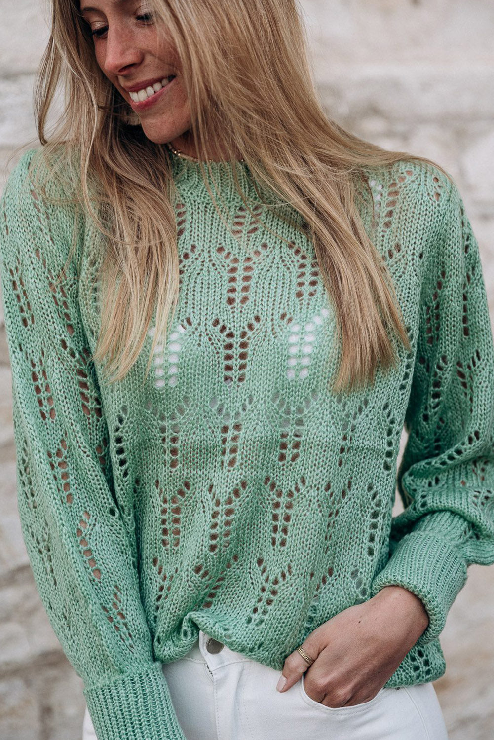 Green Open Knit Long Sleeve Sweater Tops & Tees JT's Designer Fashion