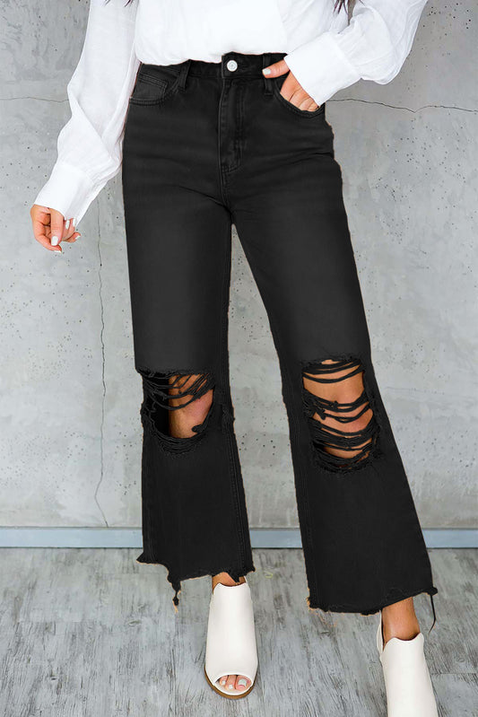 Black Distressed Hollow-out High Waist Cropped Flare Jeans Bottoms JT's Designer Fashion