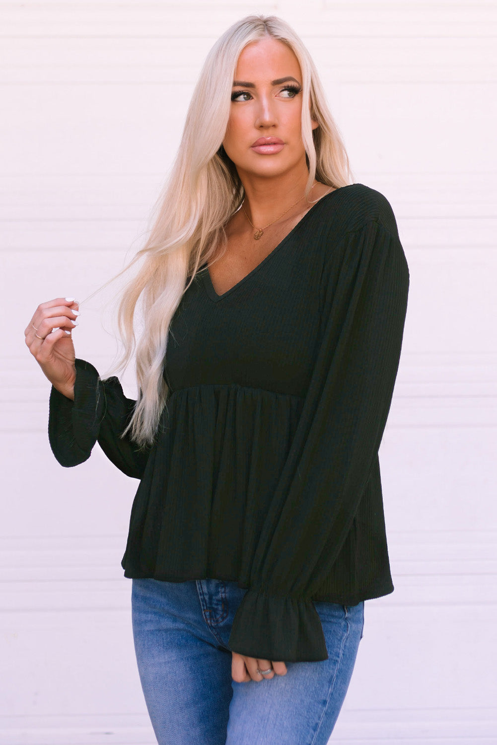 Black Pleated Ruffled V Neck Babydoll Top Long Sleeve Tops JT's Designer Fashion