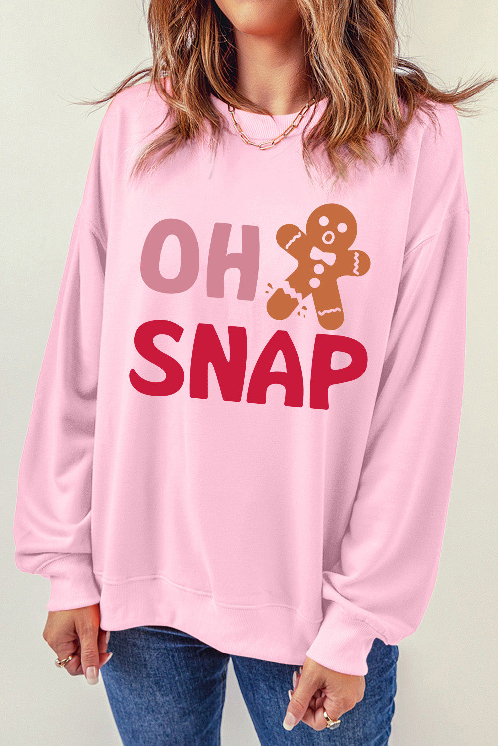 Pink OH SNAP Gingerbread Man Christmas Pullover Sweatshirt Graphic Sweatshirts JT's Designer Fashion