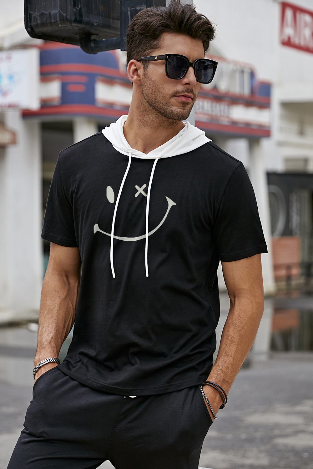 Black Funny Smile Face Print Short Sleeve Hooded Tee Men's Tops JT's Designer Fashion