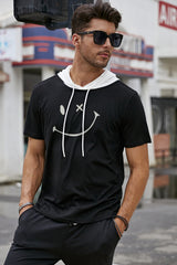 Black Funny Smile Face Print Short Sleeve Hooded Tee Men's Tops JT's Designer Fashion