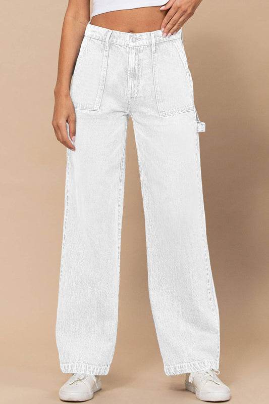 White High Waist Flap Pocket Wide-Leg Jeans White 98%Cotton+2%Elastane Jeans JT's Designer Fashion