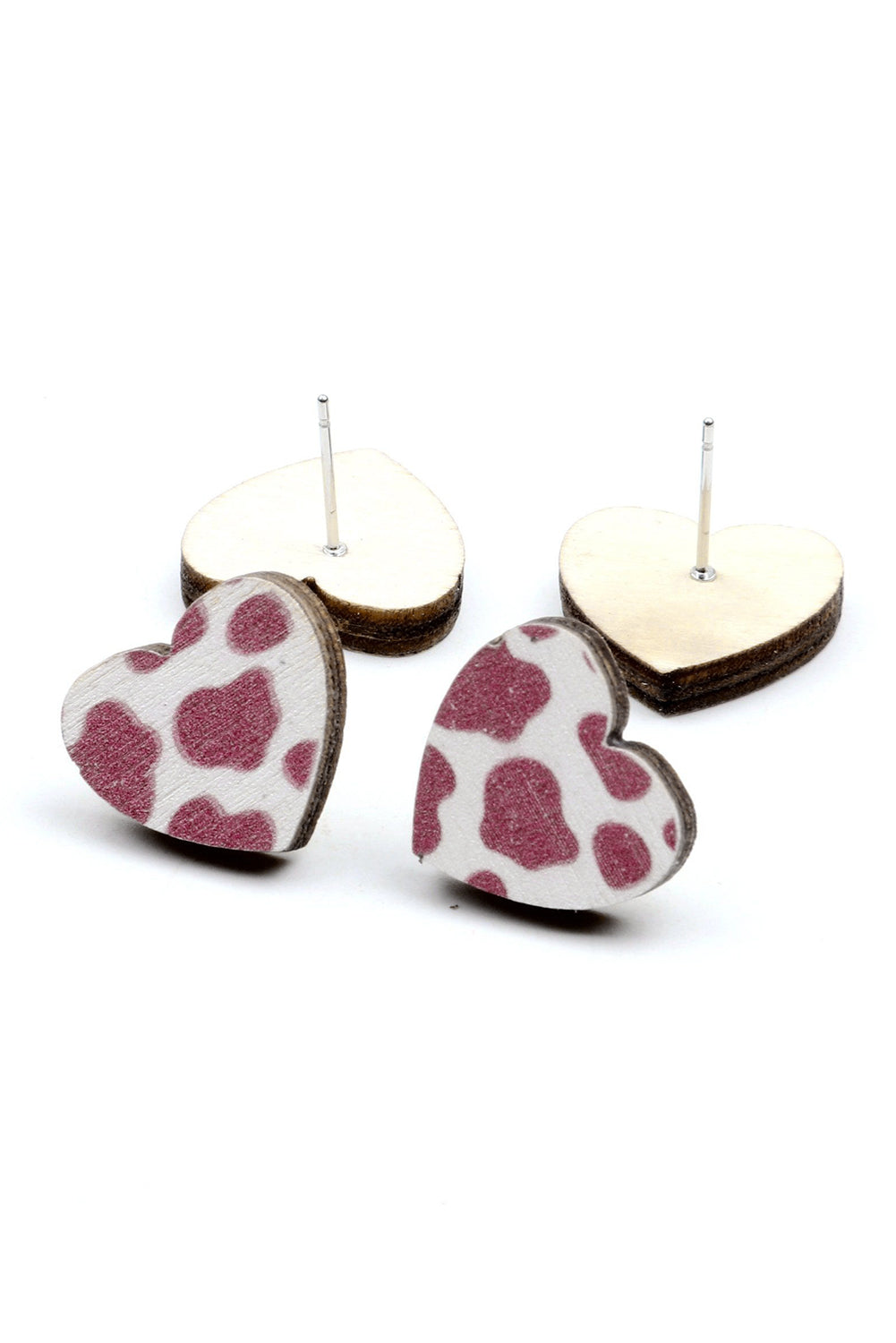 Red Sandalwood Heart Shaped Cow Stripe Print Stud Earrings Jewelry JT's Designer Fashion