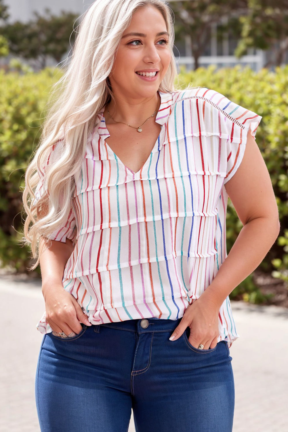 White Stripe Striped Print Tiered V Neck Plus Size Top Plus Size JT's Designer Fashion