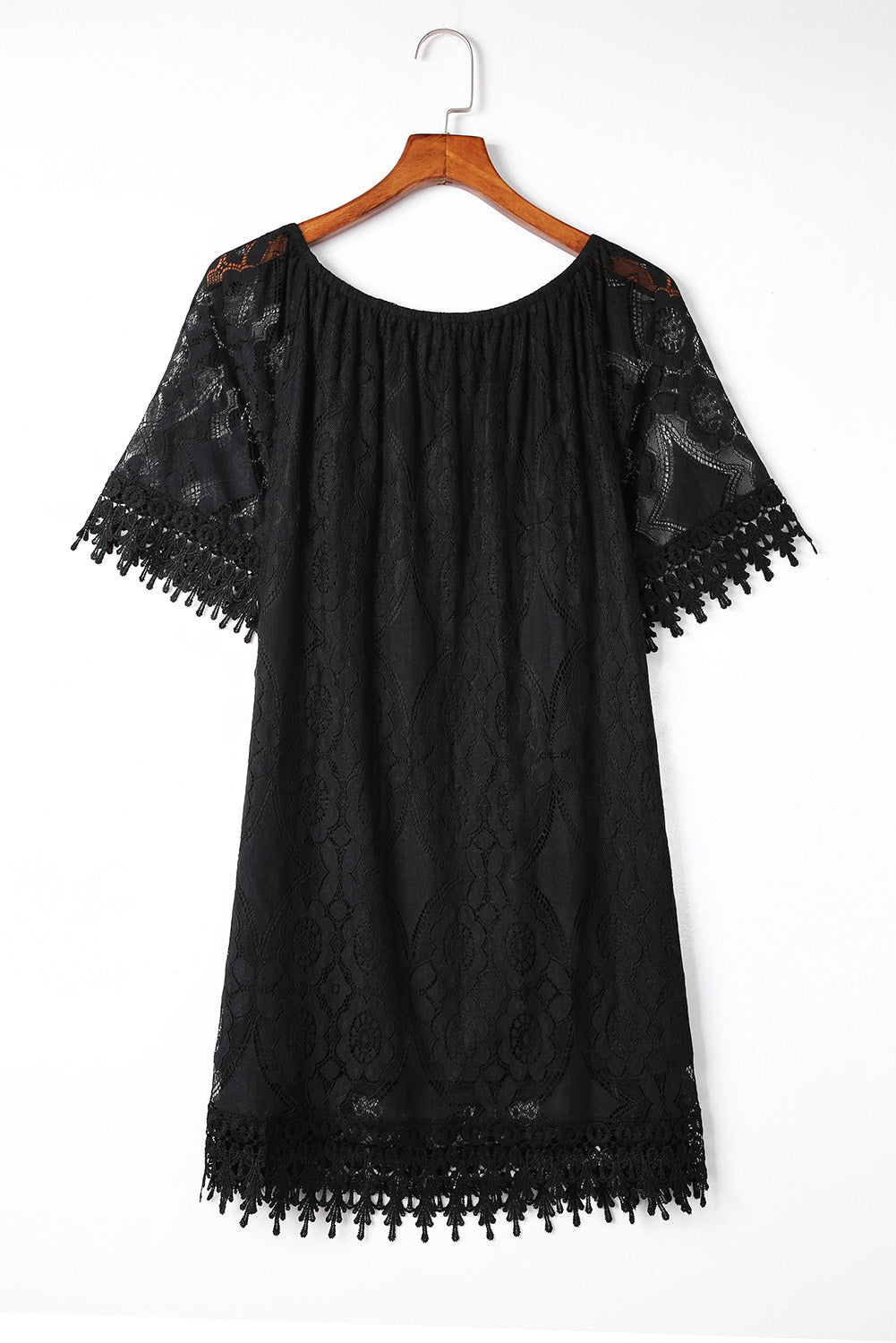 Black Round Neck Short Sleeve Loose Lace Dress Mini Dresses JT's Designer Fashion