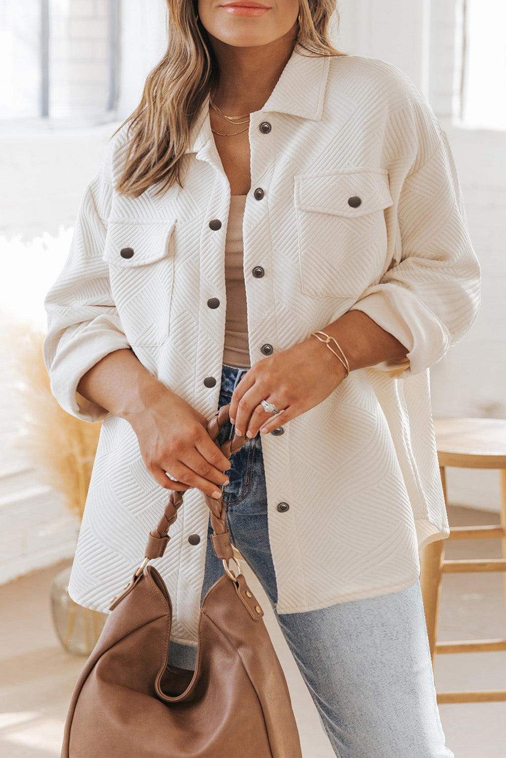 Beige Plus Size Textured Flap Pockets Jacket Plus Size JT's Designer Fashion