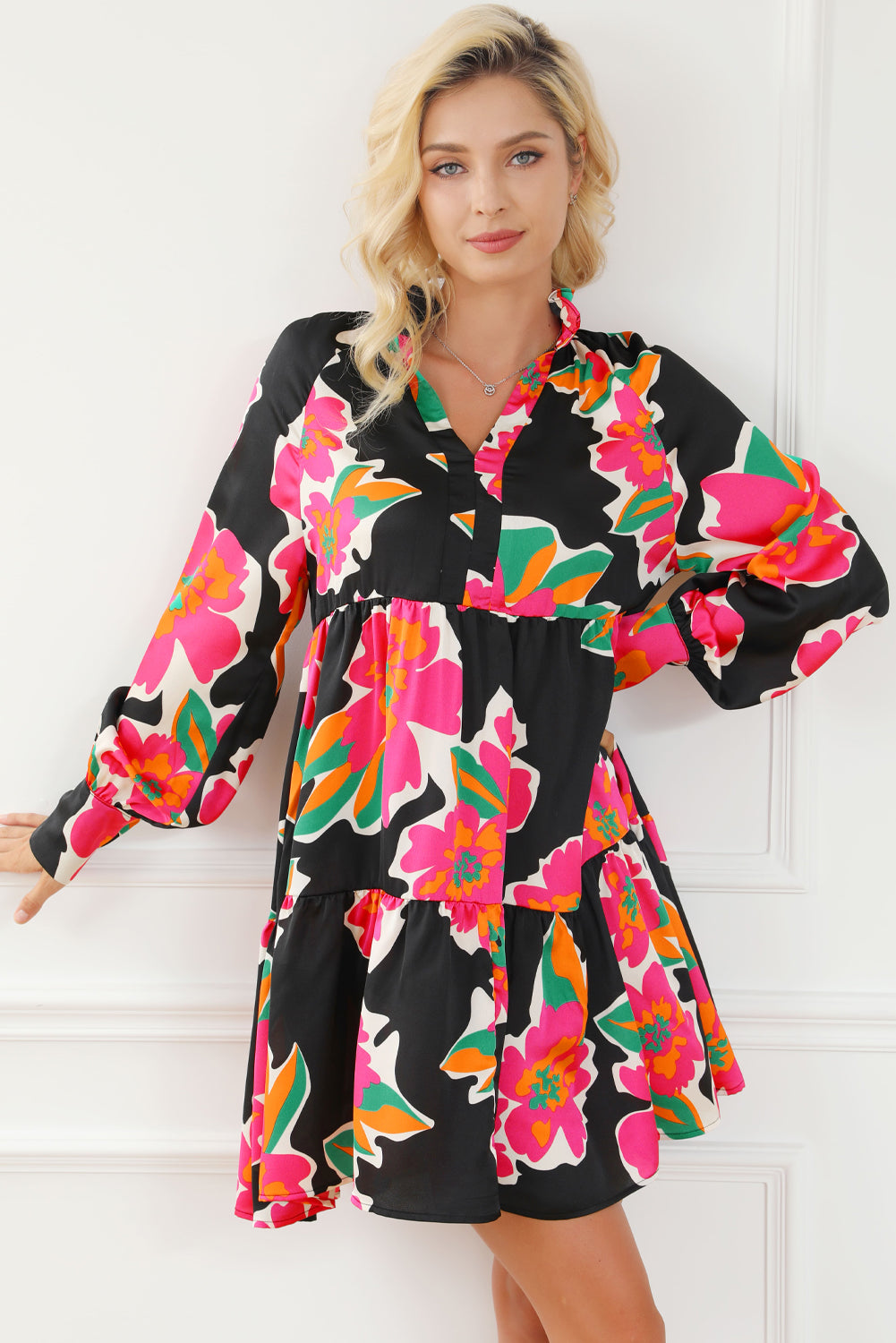 Multicolour Frill Collar Split Neck Long Sleeve Floral Dress Floral Dresses JT's Designer Fashion