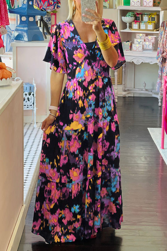 Black Abstract Floral Pattern Flutter Sleeve Tiered Maxi Dress Floral Dresses JT's Designer Fashion