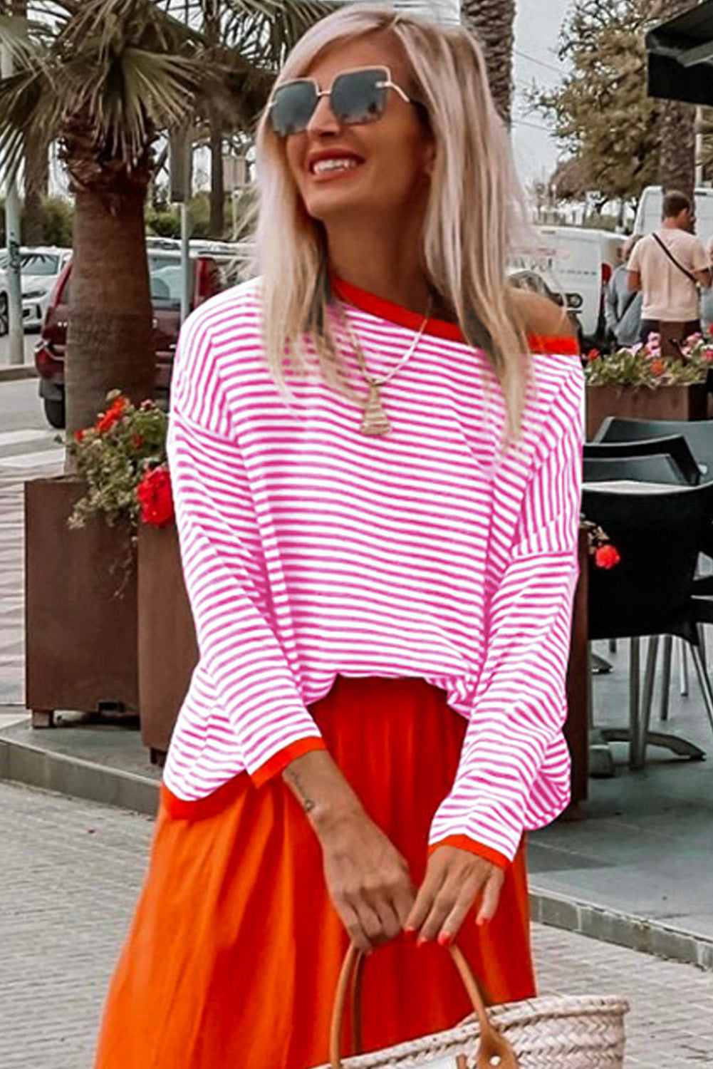 Pink Contrast Trimmed Striped Drop Shoulder Sweater Pre Order Sweaters & Cardigans JT's Designer Fashion