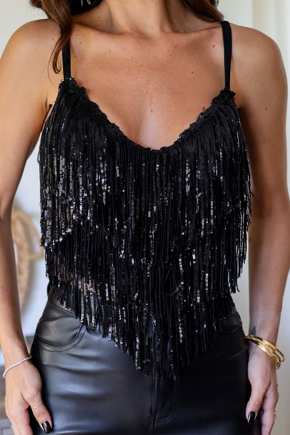 Black Sequin Tassel Tank Crop Top Tops & Tees JT's Designer Fashion