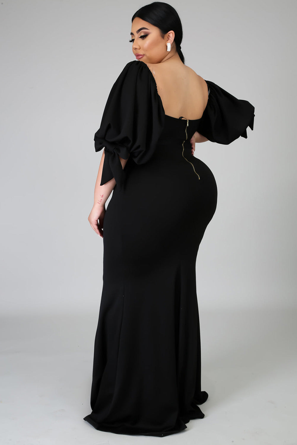 Black Bow Tie Puff Sleeve Plus Size High Slit Maxi Dress Plus Size Dresses JT's Designer Fashion