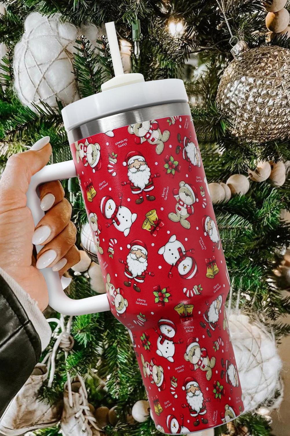 Fiery Red Christmas Pattern Print Handled Stainless Steel Tumblers Tumblers JT's Designer Fashion