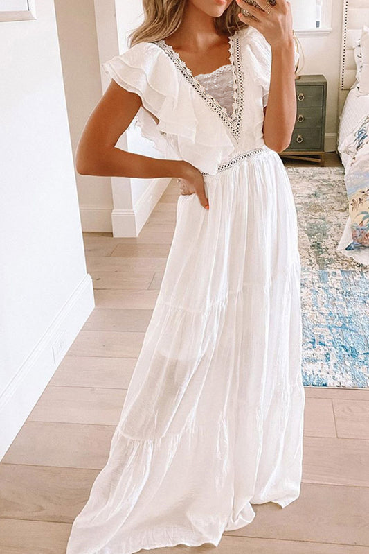 White Lace Contrast V Neck Ruffled Maxi Dress White 100%Polyester Maxi Dresses JT's Designer Fashion