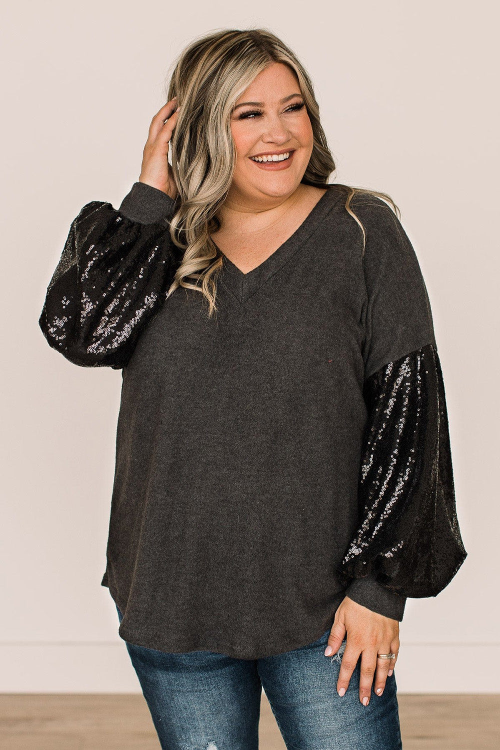 Black Plus Size Sequin Bubble Sleeve V Neck Knit Top Plus Size JT's Designer Fashion