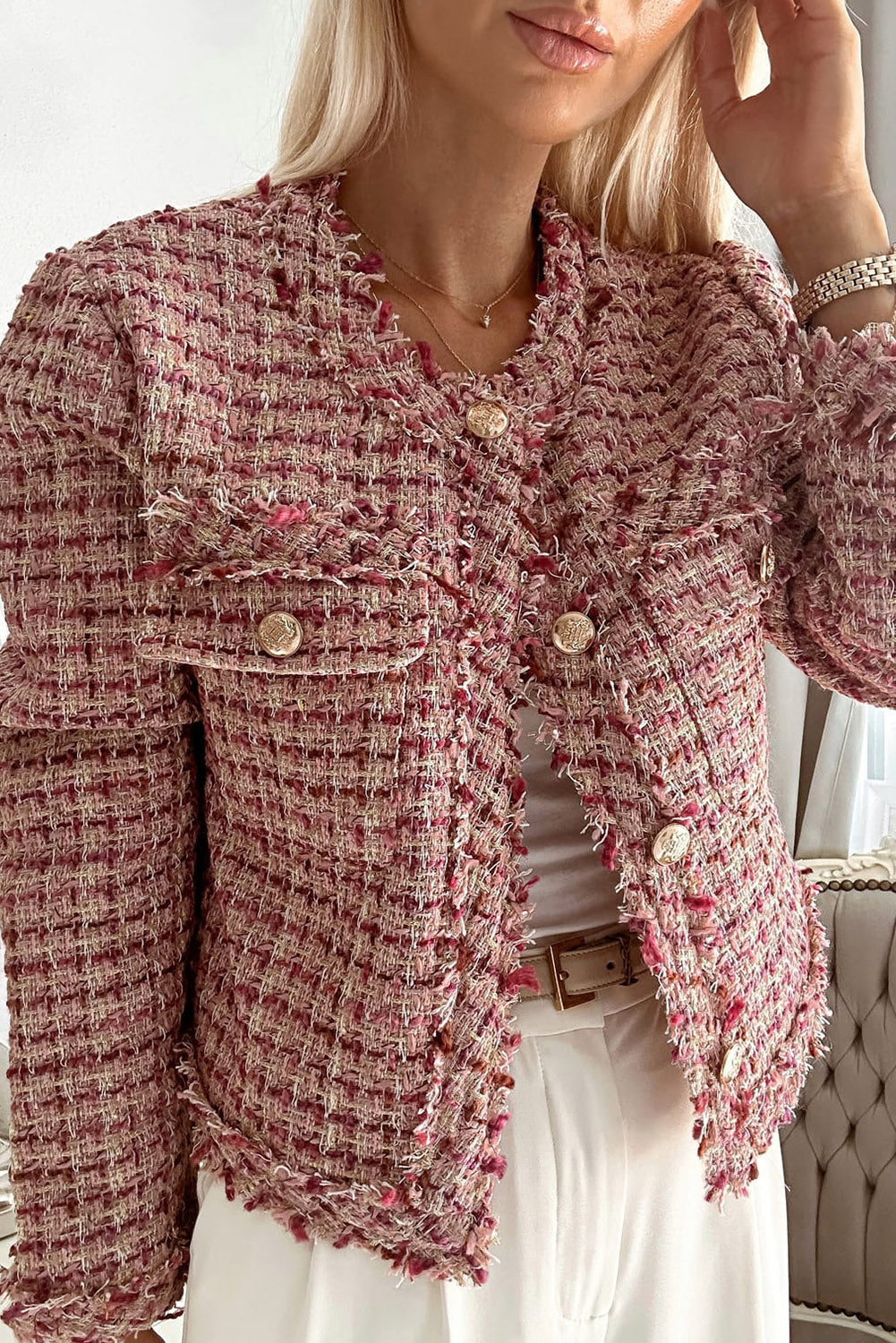 Rose Pink Metal Buckle Tweed Jacket Outerwear JT's Designer Fashion