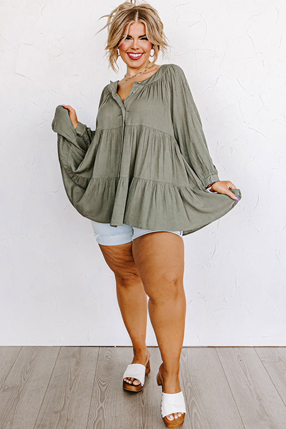 Green Button Down Split Neck Plus Size Ruffle Tiered Shirt Plus Size JT's Designer Fashion