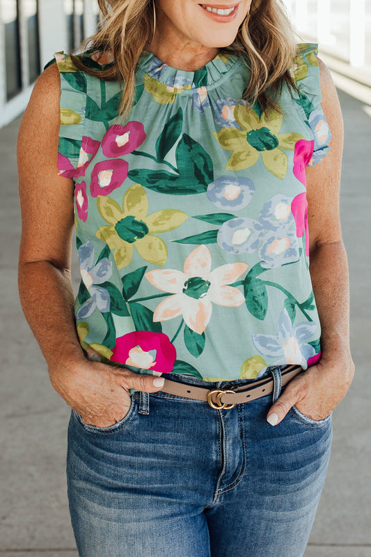 Multicolor Plus Size Floral Print Ruffle Trim Tank Top Plus Size Tops JT's Designer Fashion