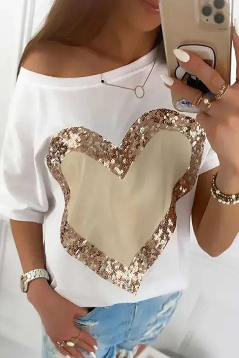 White Valentine Sequin Heart Shape Graphic T-shirt Tops & Tees JT's Designer Fashion