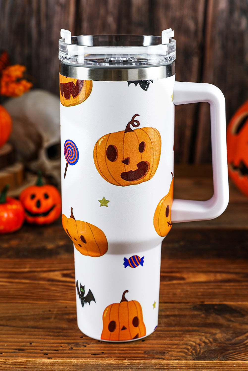 Bright White 40oz Halloween Print 304 Stainless Steel Thermos Cup Tumblers JT's Designer Fashion