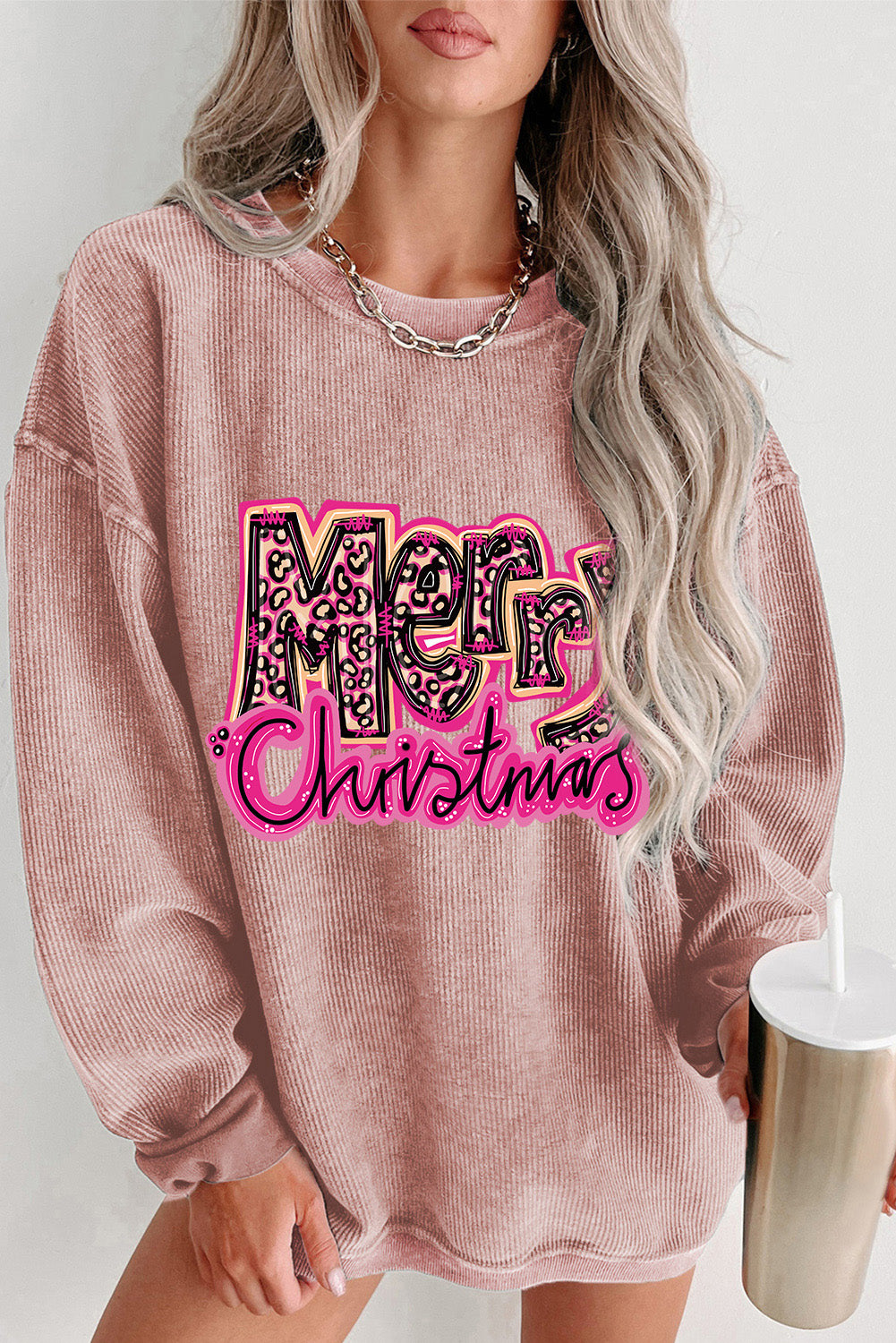 Pink Merry Christmas Letter Graphic Corded Sweatshirt Pink 100%Polyester Graphic Sweatshirts JT's Designer Fashion