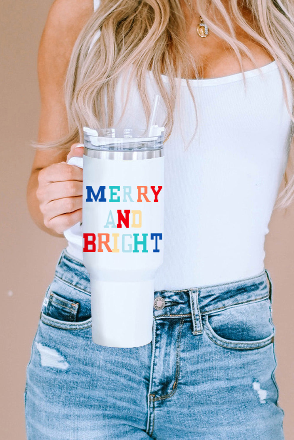 White Colorful MERRY AND BRIGHT Stainless Steel Vacuum Cup Tumblers JT's Designer Fashion