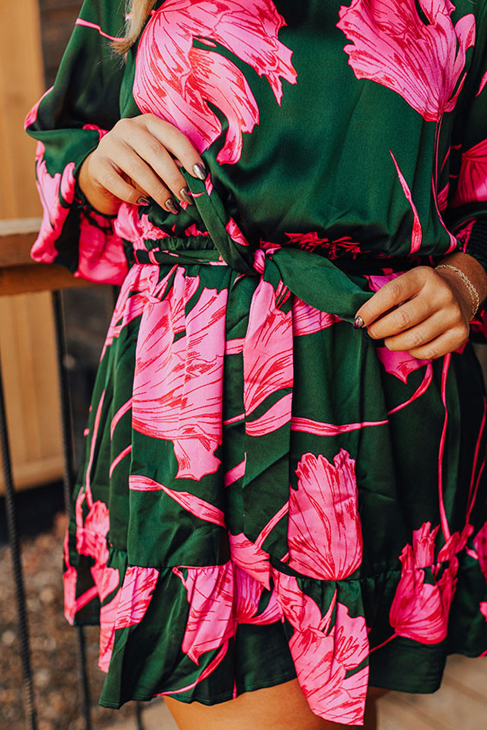 Green Plus Size Floral Smocked Bracelet Sleeve Ruffled Dress Plus Size JT's Designer Fashion