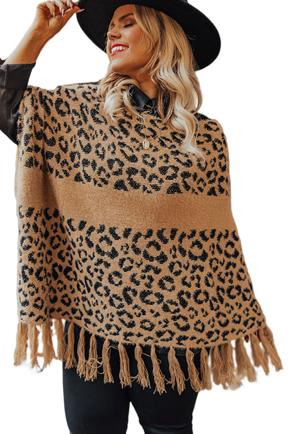 Leopard Fringed Trim Plus Size Cape Plus Size JT's Designer Fashion