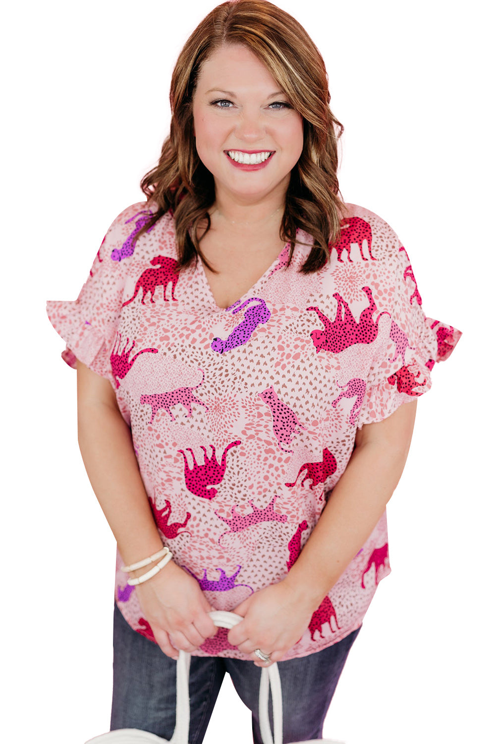 Pink Plus Size Jaguar Print Ruffled Short Sleeves Top Plus Size Tops JT's Designer Fashion