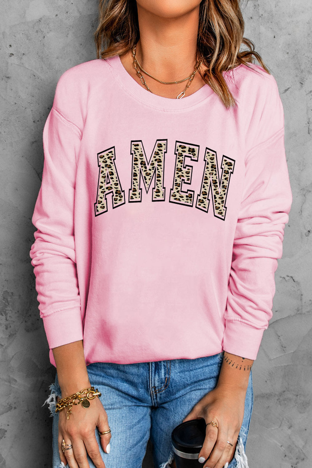 Pink Leopard AMEN Graphic Pullover Sweatshirt Graphic Sweatshirts JT's Designer Fashion