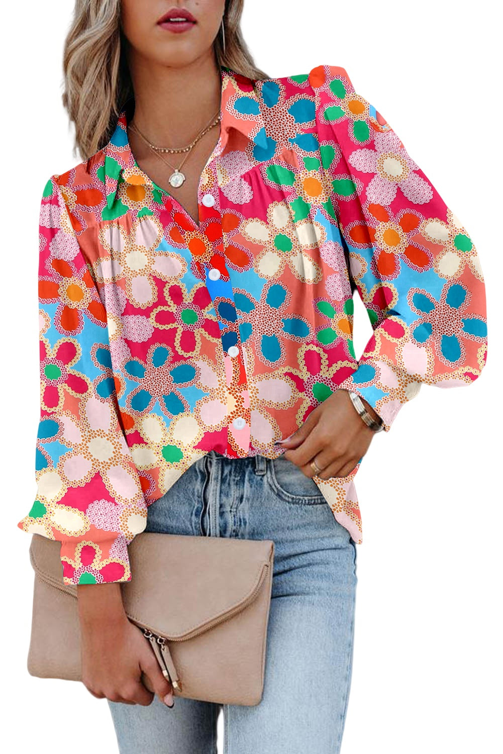 Multicolor Floral Print Bubble Sleeve Shirt Tops & Tees JT's Designer Fashion